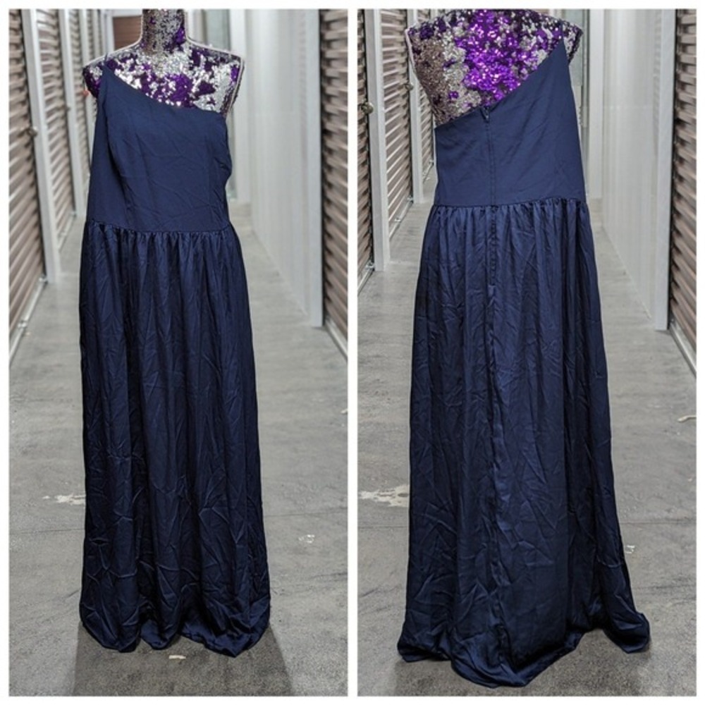 Old‎ Money DB Studios Elegant 24W Navy One Shoulder Navy Satin Gown Dress